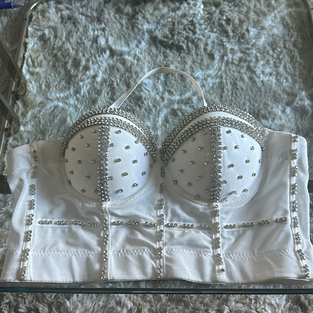 Womens Sexy Lace Rhinestone Bustier Push Up Crop Top